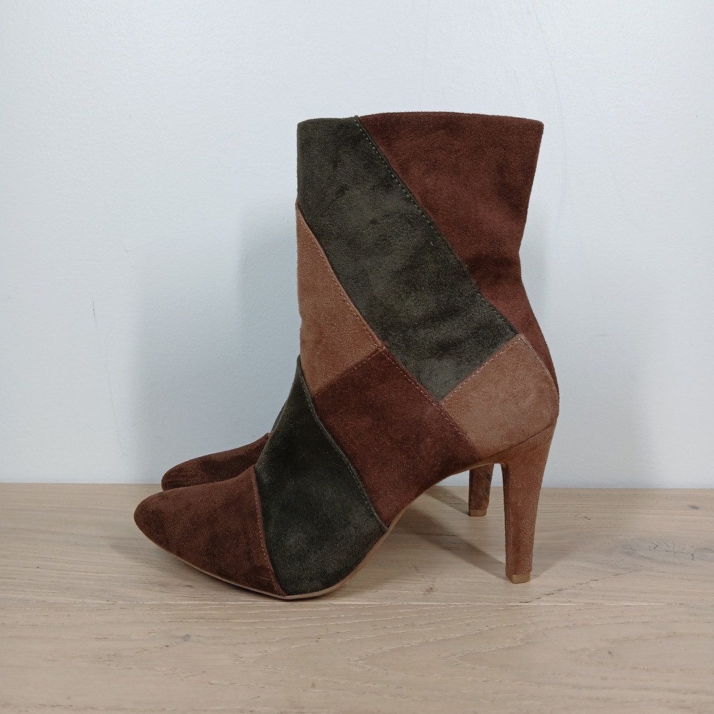 Rialto Patchwork Ankle Boots Women's 7 Brown Tan Green Stiletto Pointed Toe